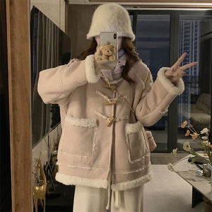 新款麂皮绒连帽羊角扣皮毛一体羊羔毛棉服女C571-125图片