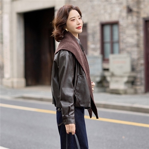 【冬季女装新款】时尚立领加绒保暖配毛线围巾皮衣外套P-150图片