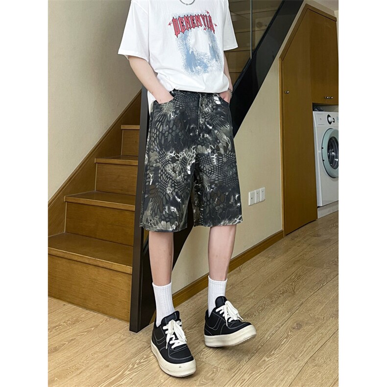 夏季美式复古蛇纹迷彩五分工装牛仔短裤男女 K5918-特P35 控59图片