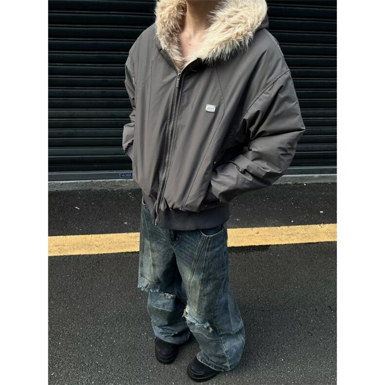 拉链新款青少年潮文艺潮流毛领连帽棉服宽松短款外套简约日系印花,男装棉衣,星座506A