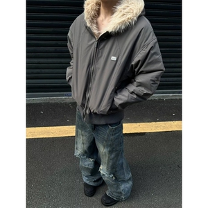 拉链新款青少年潮文艺潮流毛领连帽棉服宽松短款外套简约日系印花图片