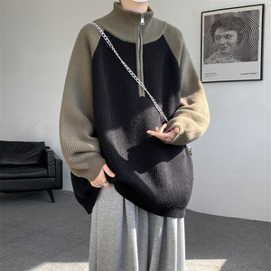 8XL-M撞色半拉链毛衣宽松慵懒风插肩袖大码针织衫外套MY1513/P75