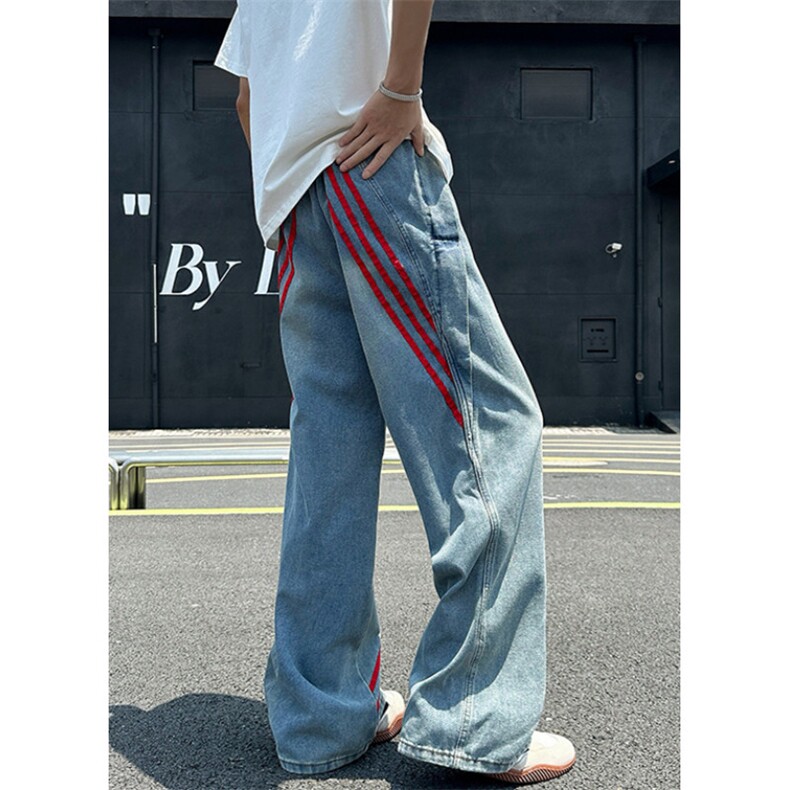 微喇黄泥蓝牛仔裤男生直筒条纹拼接休闲做旧工装阔腿长裤ND8042，男装牛仔裤，星座1116A（原606A-3）