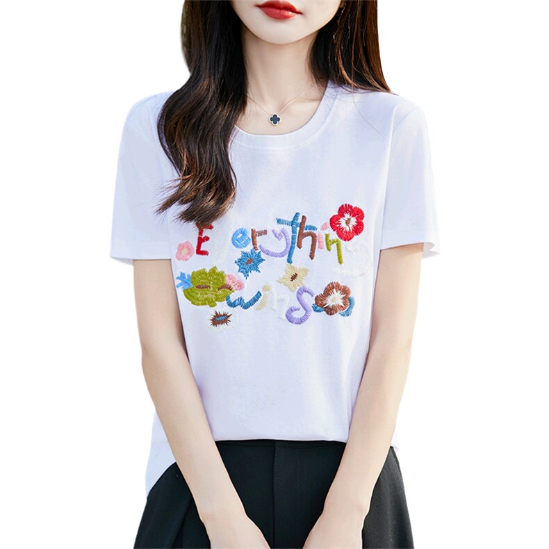 花朵绣片粉色丝光纯棉正肩短袖t恤女2023新款夏季圆领宽松显瘦,女装T恤,暖烁羊绒