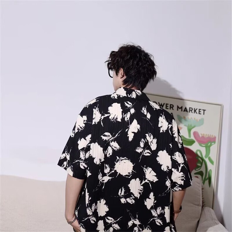 韩系设计感痞帅花衬衫男短袖夏季上衣潮流高级感薄款五分中袖衬衣,男装T恤,星座506A