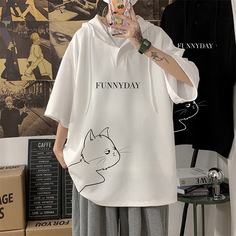 LD54149-P45 连帽短袖t恤男大码胖子带帽五分袖中袖 海报风图片