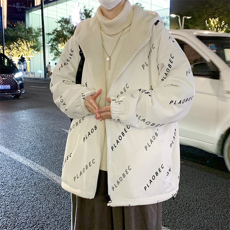 新款冬季加绒加厚棉服羊羔绒连帽百搭加绒双面穿外套男MY102P95图片