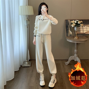 女秋冬新款加绒字母印花圆领卫衣卫裤套装图片