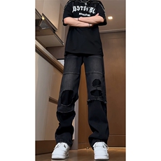 B221美式ins高街暗黑小众撞色破洞直筒牛仔裤LK23109-P65控88，男装牛仔裤，电商B221