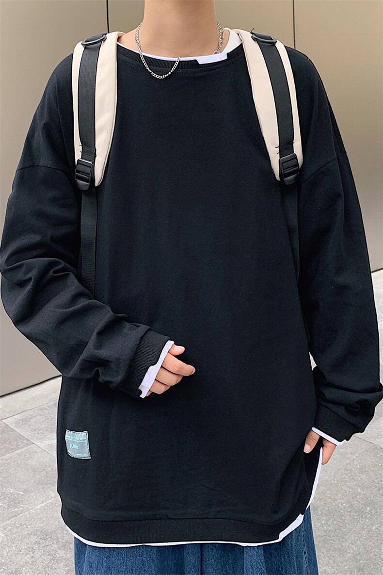 A101-P38港风假两件卫衣男士大码宽松长袖t恤潮男装,男装卫衣,电商A040