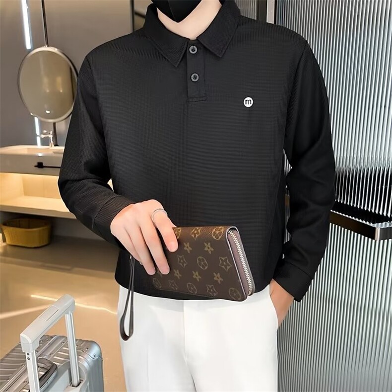 秋季华夫格长袖翻领POLO衫男韩版修身套头卫衣纯色打底衫T恤T550,男装Polo衫,星座1116A-2（原606A-1）