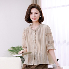 优雅蕾丝拼接宽松显瘦短袖衬衫女夏季新款甜美百搭上衣，女装衬衫，叶笙衣