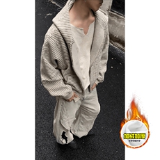 480G重磅加绒硬挺boxy男女秋冬美式高街条纹毛呢卫衣开衫厚外套，女装短外套，电商A486