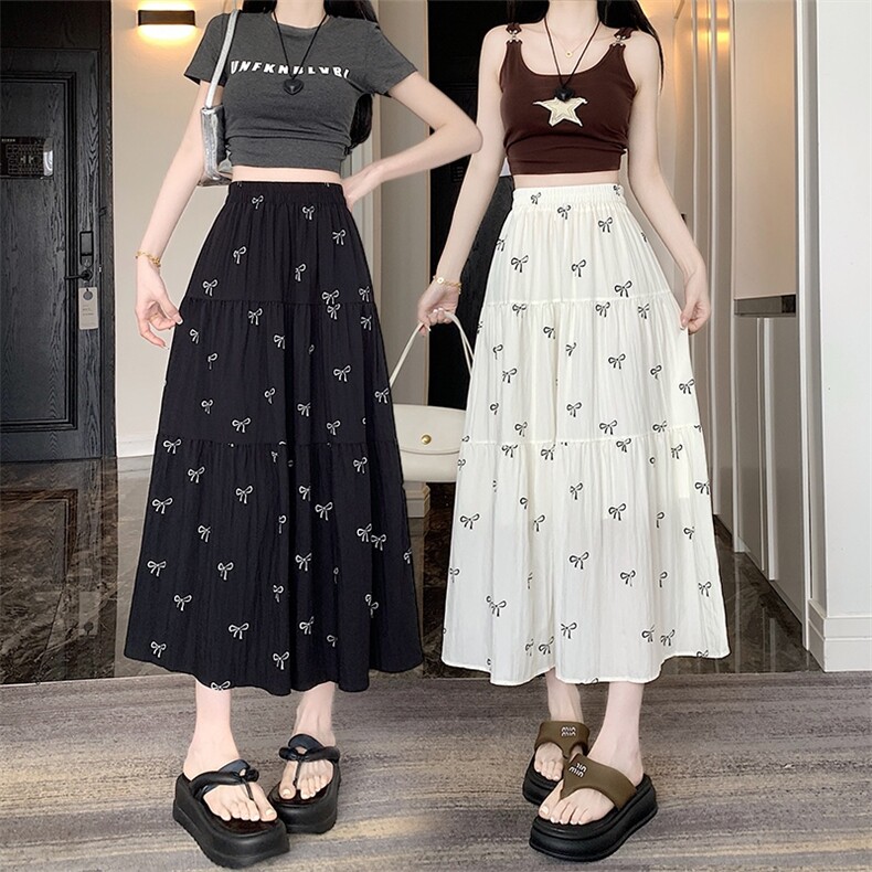 甜美蝴蝶结印花拼接半身裙女夏季新款高腰A字裙中长款蛋糕裙,女装半身裙,梦白服饰厂