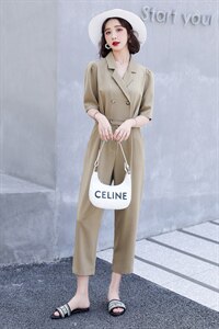 2022年夏季时尚潮流气质西装领高腰简约百搭个性纯色连体裤图片