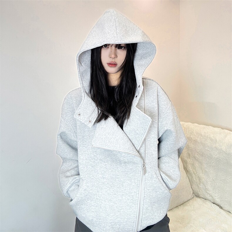 抖音得物品质26春装美式重磅结构斜拉链高领连帽卫衣开衫外套W61,女装短外套,电商A486