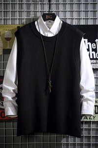 网格纯色圆领针织背心男秋季百搭黑色马甲外套A090-MJ23 P40 限58图片