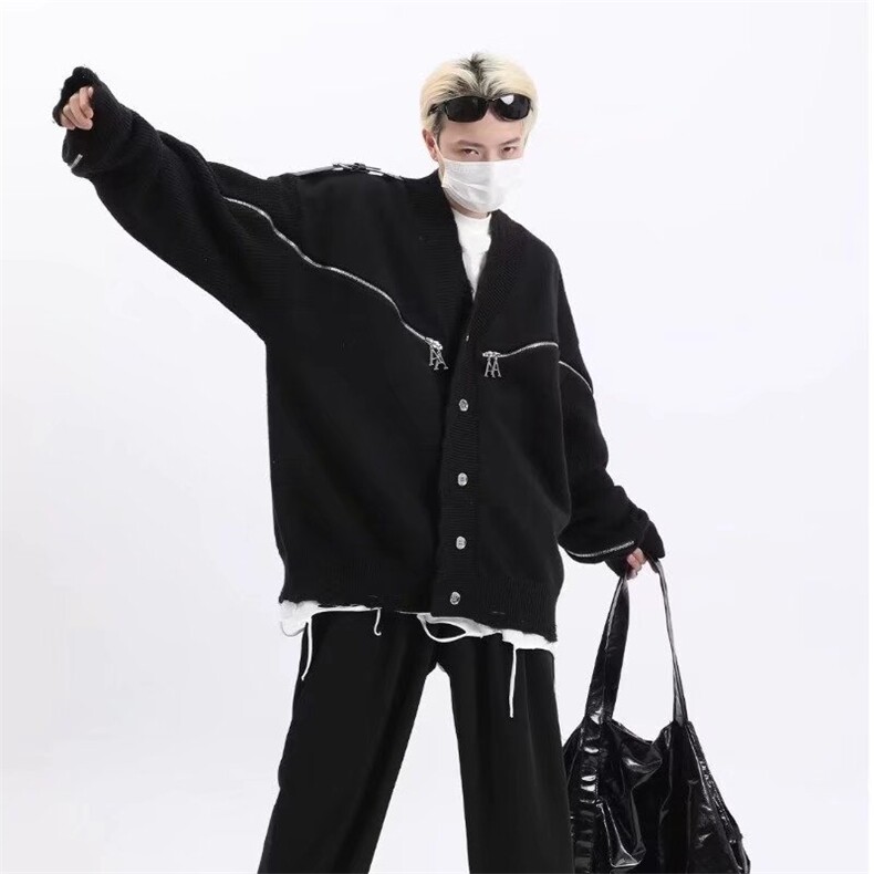 破坏设计感小众解构型V领针织开衫重工拉链金属外套-ZT315-网络图,女装短外套,星座1002-2