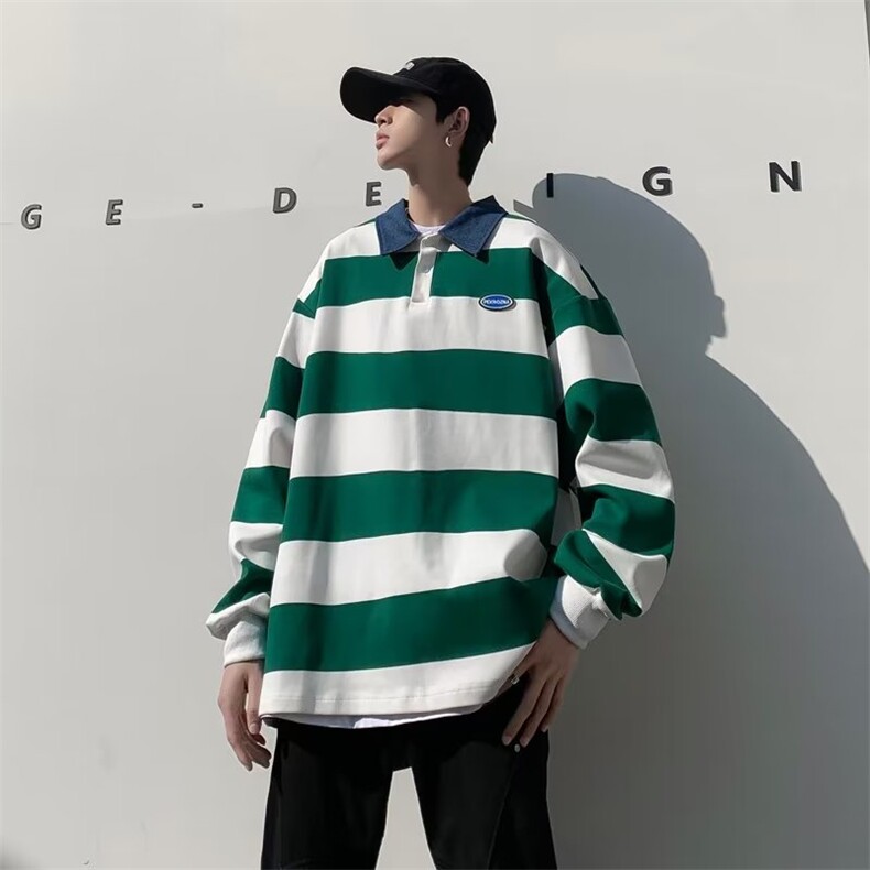 polo衫男韩版潮流条纹高街2023秋冬季新款ins宽松外套WB038-P32，男装Polo衫，星座412-2