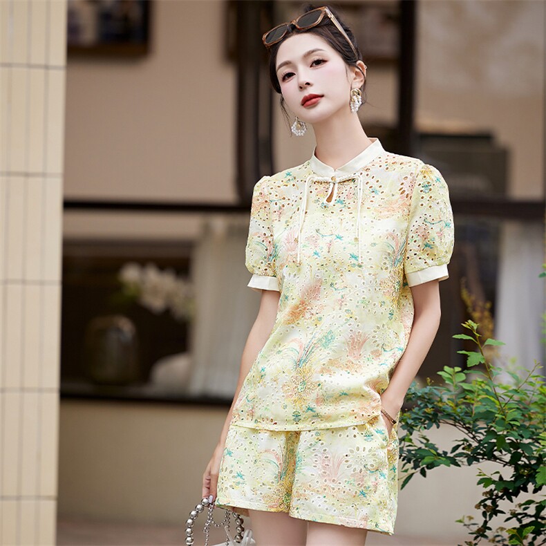 新中式减龄时尚印花套装女2024夏新款小个子盘扣上衣短裤两件套,女装套装/套裙,姿衣坊