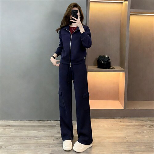 小个子穿搭套装女春季欧货高端纯色短款外套休闲运动长裤三件套潮，女装套装/套裙，江南