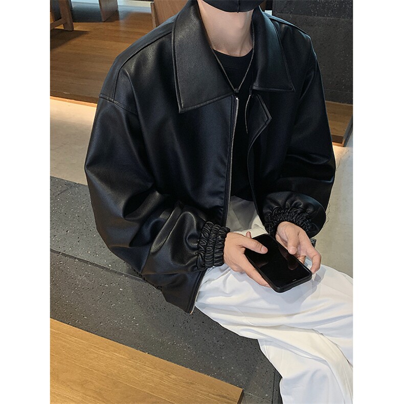 美拉德痞帅韩版宽松翻领PU皮衣夹克男女百搭外套B289-JK2026-P120，男装夹克，电商B289-1