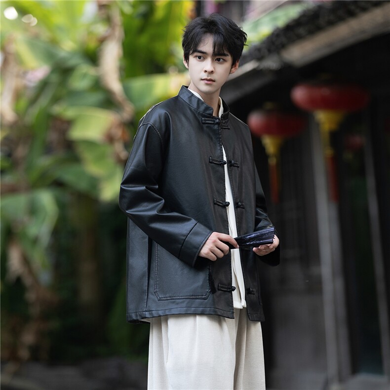 风PU皮复古盘扣小众设计感手工擦皮工艺立领唐装外套JK205,男装民族服装,星座305A（原312A-1）