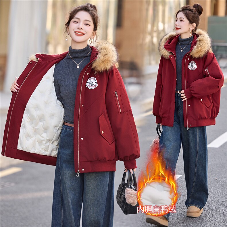 现货！2025年冬季红色羽绒服女大毛领设计感保暖休闲上衣,女装羽绒服,沐七七