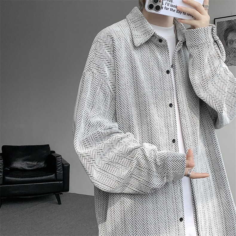 8XL-M人字纹小香风衬衫男生春秋衬衣宽松慵懒垂感外套CS29008P45图片
