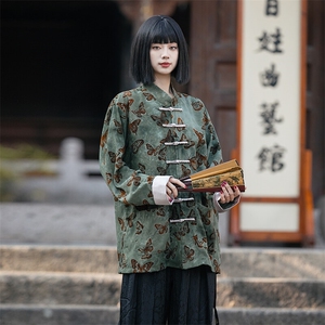 新中式风（蝴蝶）轻奢潮中式扎染植绒麻衬衫印花唐装男女款,盾牌青春穿搭小个子图片