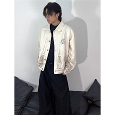 秋新款做旧脏染复古翻领牛仔夹克印花宽松夹克外套男女HH8971P74，男装工装外套，星座1013-5
