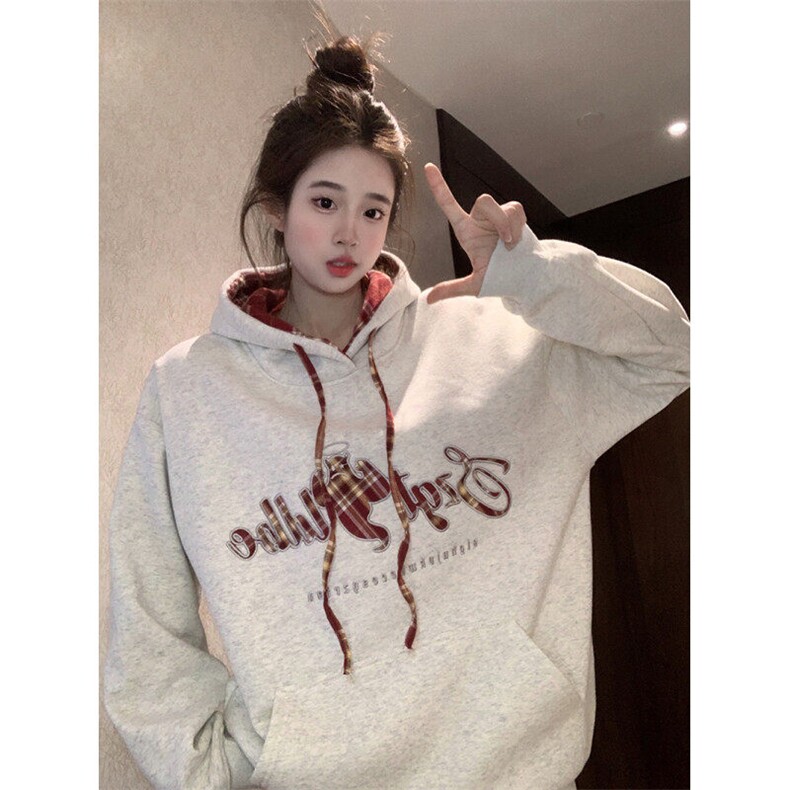 EE154-P75 纯棉华棉加绒加厚连帽字母刺绣保暖卫衣上衣女图片