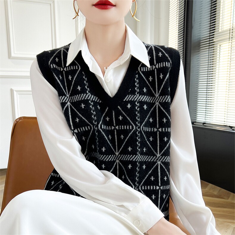 羊毛针织马甲背心女秋冬新V领坎肩无袖毛衣针织打底宽松马夹，女装马甲，朝辰羊绒