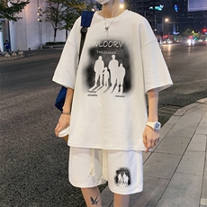 套装！夏季华夫格套装男T恤短裤男两件套大码港风TZ50-P50，男装休闲套装，电商B367