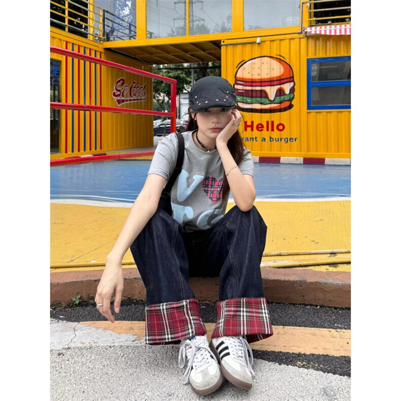 【网图有货】美式格子拼接卷边牛仔裤男女阔腿裤子NZ011CC-特P65,男装牛仔裤,星座1007（原301D）