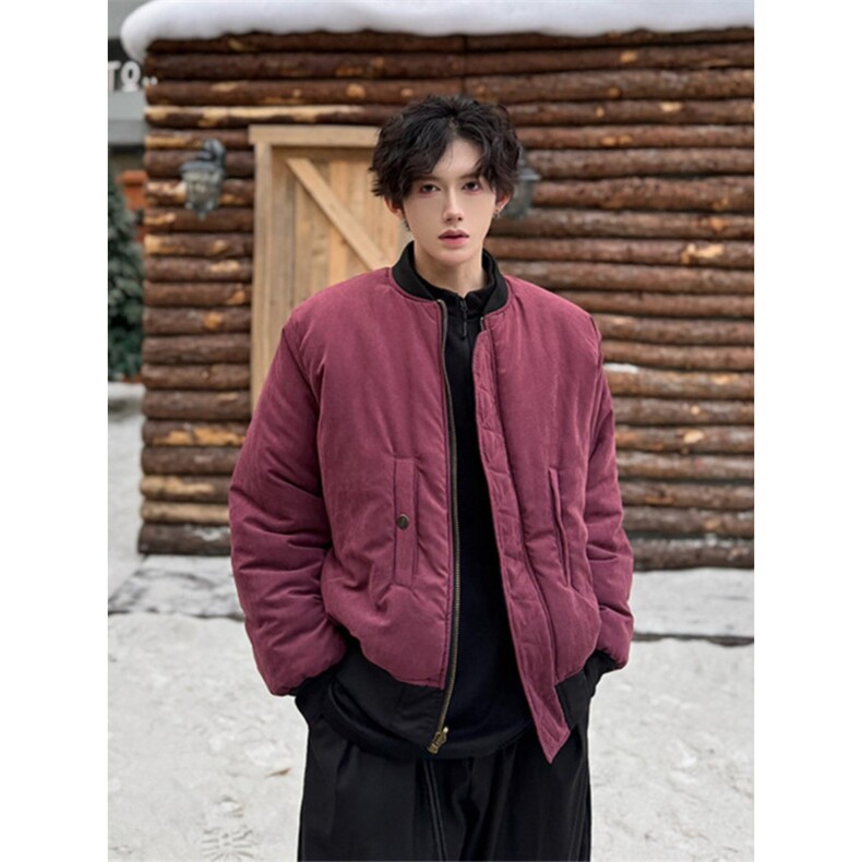 1506-1/MS50131/P84紫红色棉服男女双面穿飞行夹克立领丝绒棒球服图片