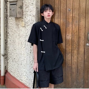短袖百搭衬衫原宿时尚潮流潮男ins标准夏季青春流行方领新款慵懒图片