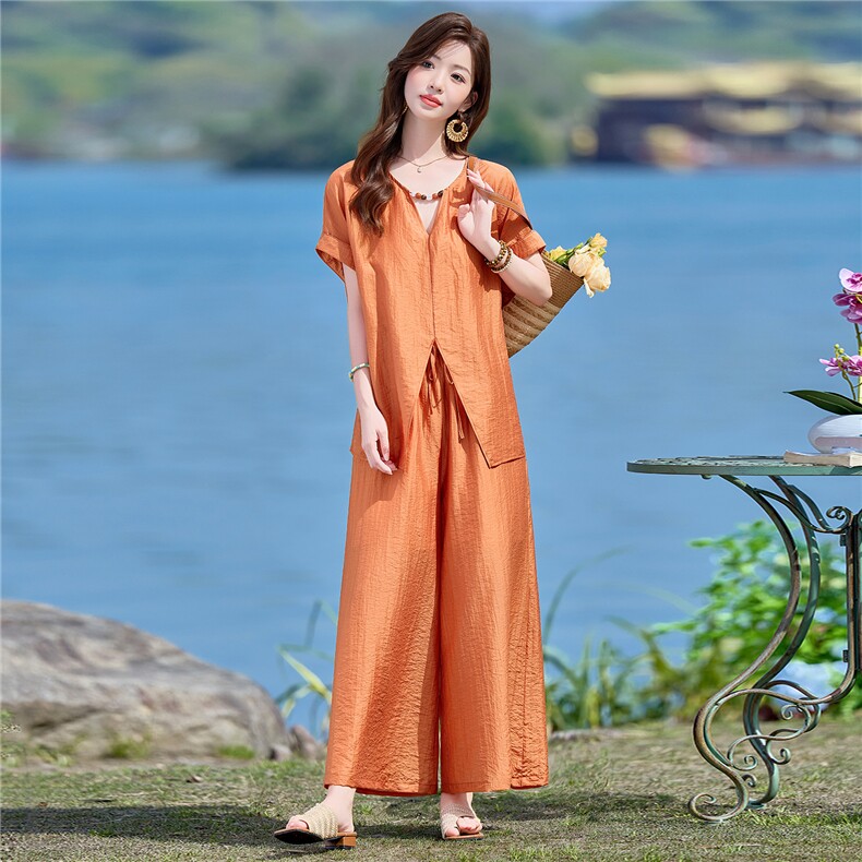 2026年夏季时尚天丝V领宽松阔腿裤裙裤套装女两件套,女装套装/套裙,依路服饰