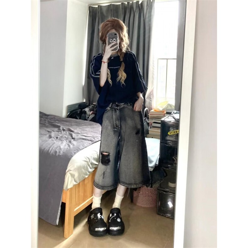 D5553-P45破洞牛仔短裤男女撞色网红超火炸街六分裤-网图现货图片