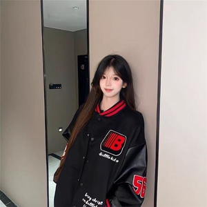 日系徽章撞色字母拼接皮袖棒球服男女秋冬小众情侣宽松外套夹克潮图片