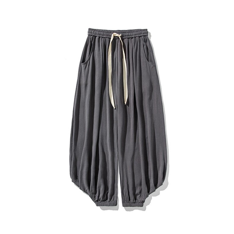 平铺图夏季大码日系风复古棉麻亚麻休闲弯刀灯笼裤K306/P75，男装休闲裤，钱塘713