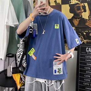 主推款夏季短袖t男潮流港风贴标重磅t恤衫A210-A8363-P35控58,姜黄色格子短袖穿搭图片