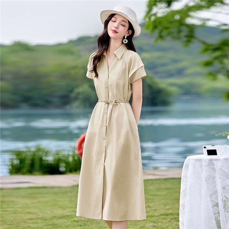 2026夏季新款简约气质衬衫式连衣裙单排扣收腰中长款裙子，女装连衣裙，盈茜