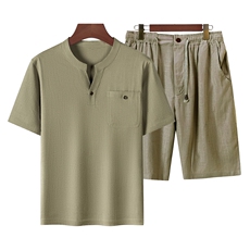 长年现货男装风中老年亚麻套装短袖T恤中年棉麻亚麻短裤，男装中老年男装，钱塘723