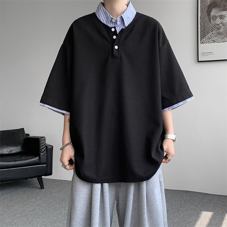 8XL-M假两件衬衫领短袖T恤大码夏季条纹拼接polo衫半袖DX1211/P45,男装T恤,电商B238