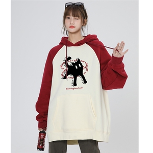 中性 猫咪印花拼接插肩袖连帽卫衣 WY652 P58控78图片
