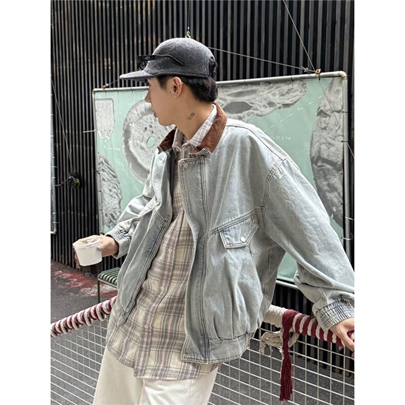 A180-P78撞色复古翻领夹克牛仔衣男春秋季美式街头怀旧风水,男装T恤,电商B323A