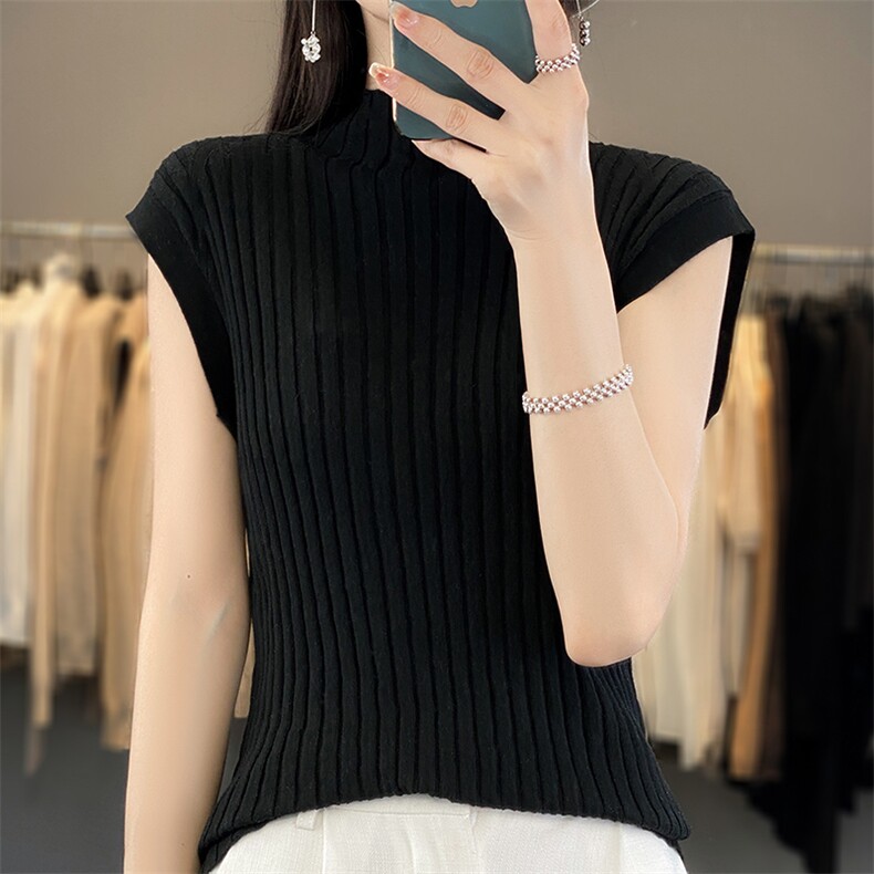 春夏薄款宽松套头女半高领针织衫精纺羊毛内搭无袖背心百搭打底衫,女装羊毛衫,朝贺羊绒