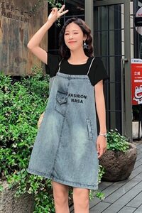 牛仔裙女2021夏新款韩版夏装假两件套卫衣连衣裙宽松显瘦小个子图片