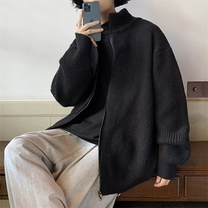 男秋冬季日系复古宽松慵懒风针织衫落肩拉链立领线衣外套SWX005图片